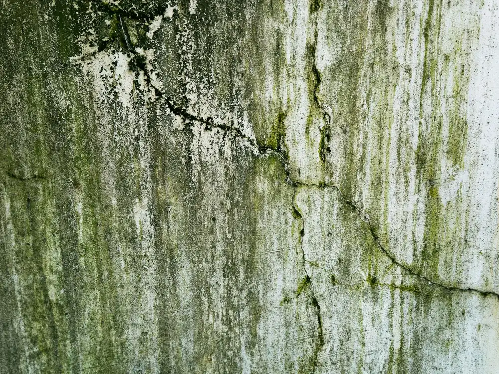 Green algae and grime streaking down an exterior wall