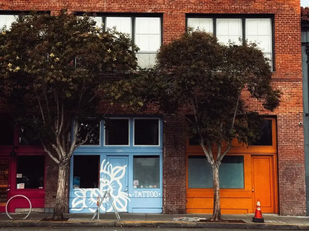 Brick commercial building with ground floor storefronts