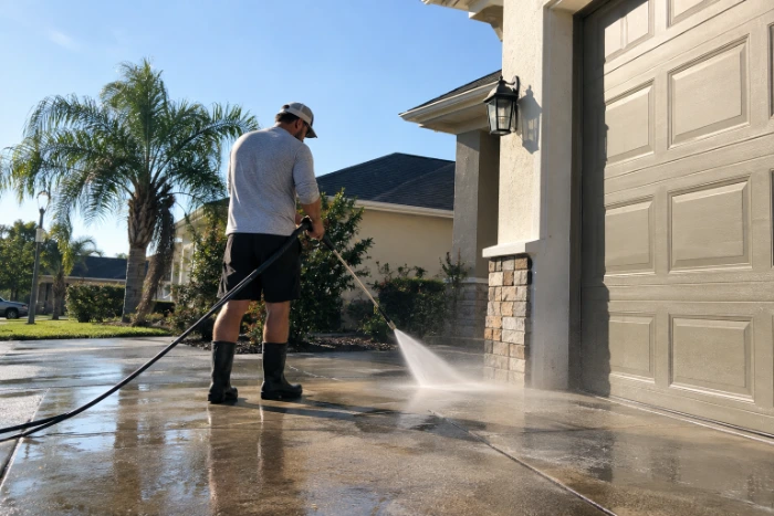 Technician pressure washing a concrete driveway beside a garage