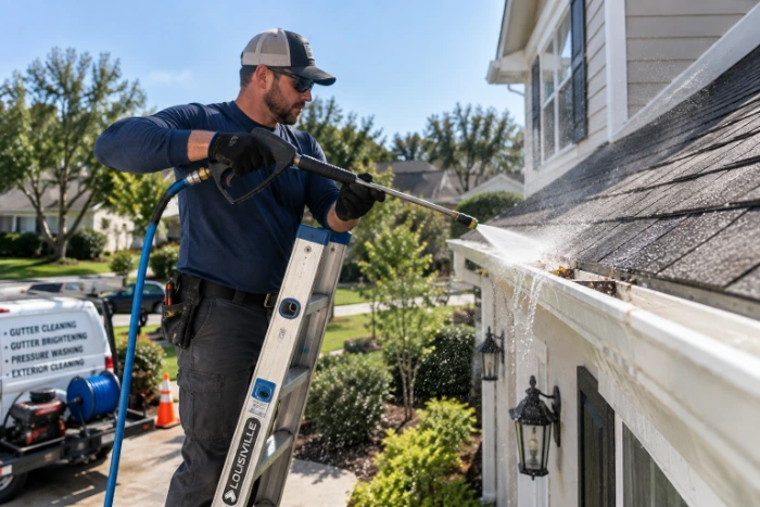 Technician on a ladder cleaning a gutter along a roof edge