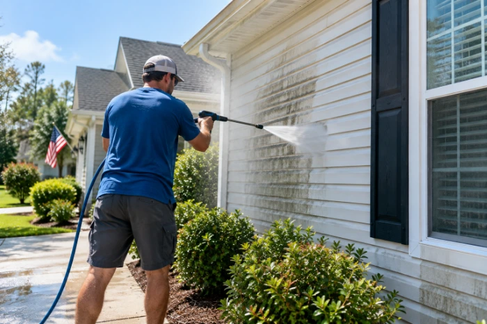 Washing green algae staining from light vinyl house siding