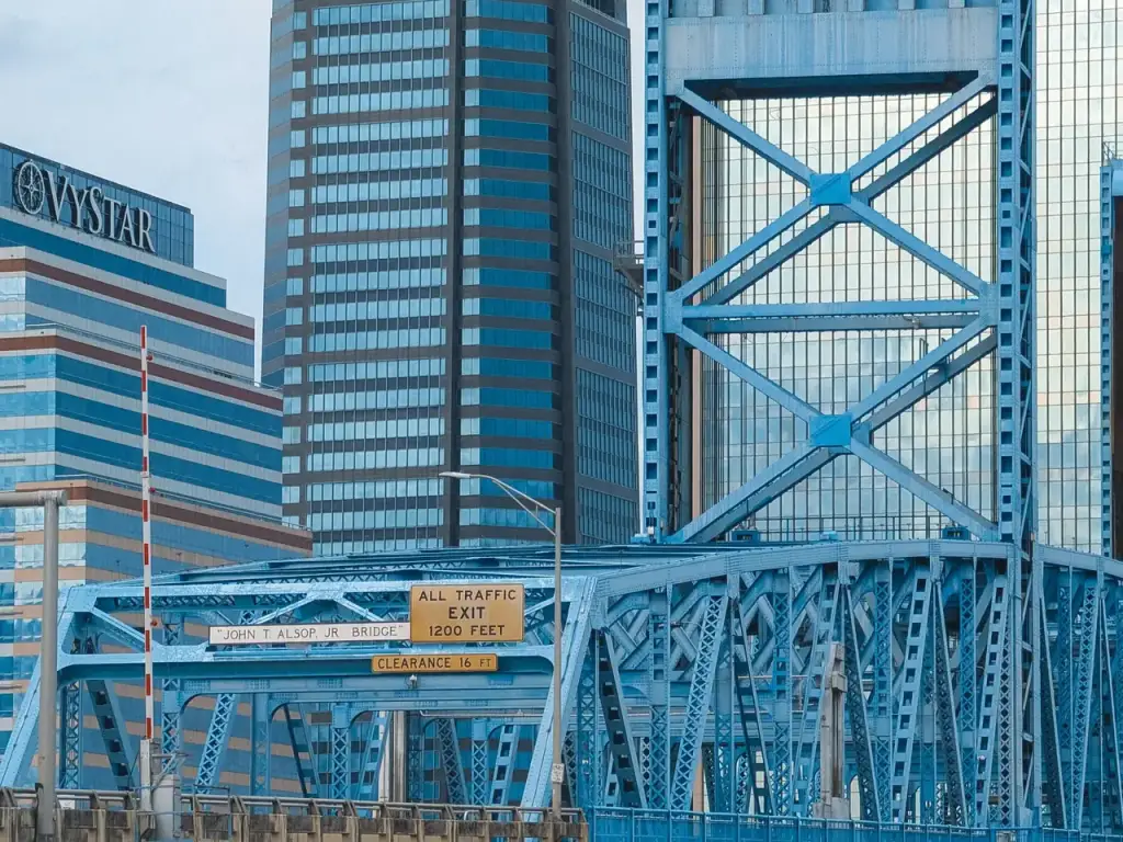 Jacksonville skyline behind the blue Main Street Bridge