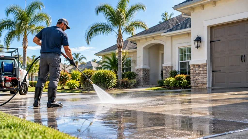 Technician pressure washing a driveway at a Florida home with palm trees