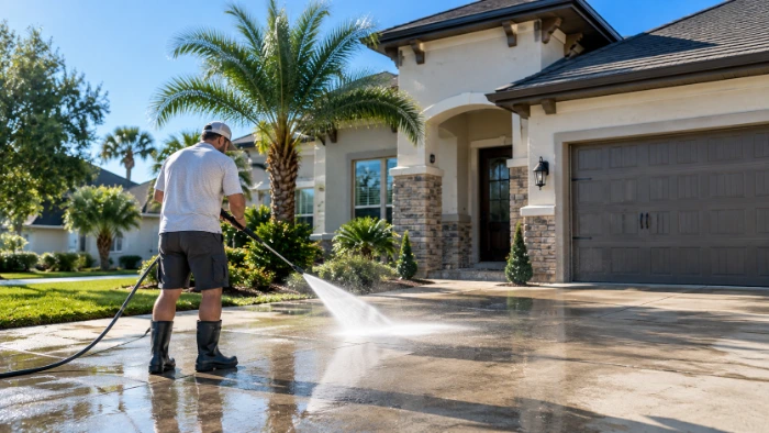 Worker pressure washing a driveway in front of a Florida home