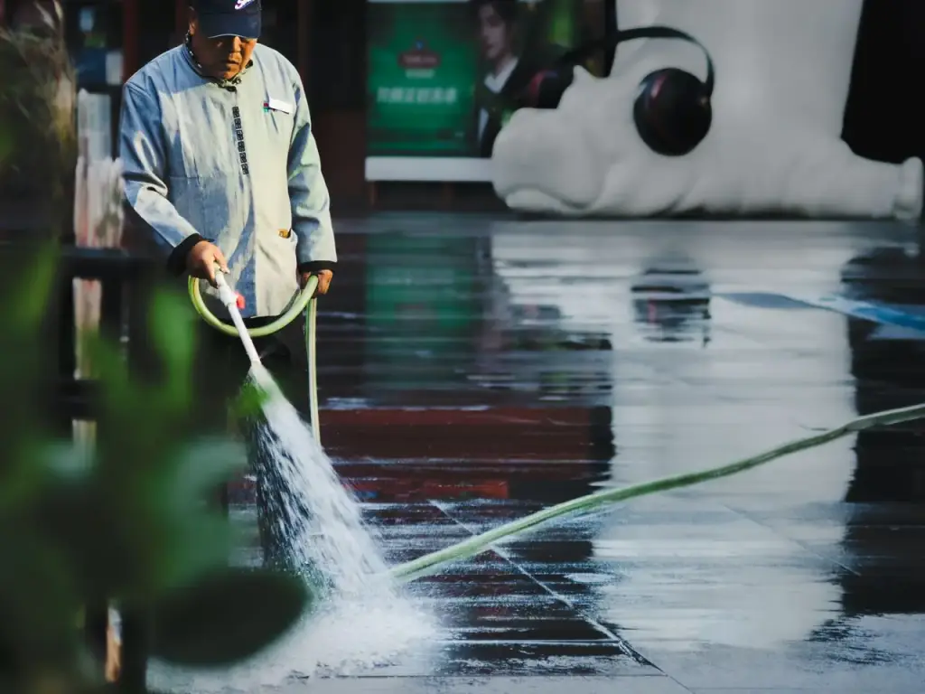 Worker pressure washing stone paving outdoors